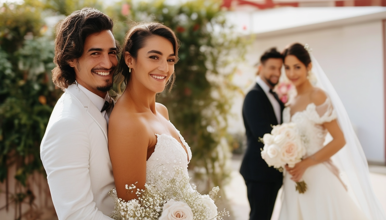 Casal feliz sendo guiado por um wedding planner, s